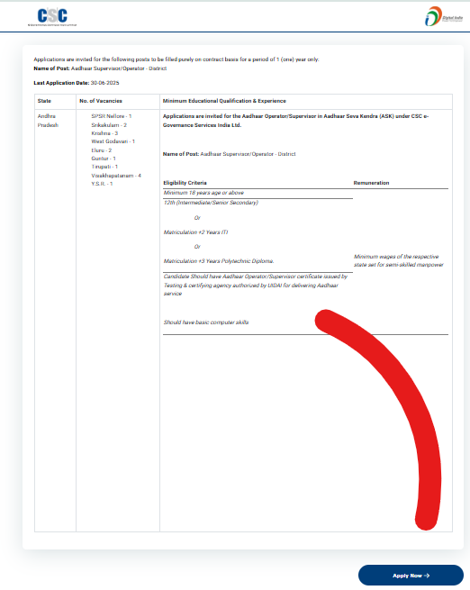 Aadhar Operator Vacancy 2025